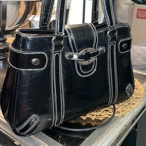 Bingham Black crocodile western style leather handbag with white stitching